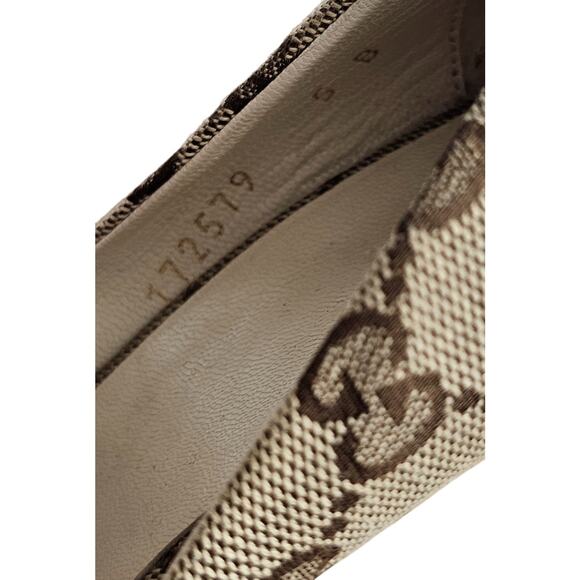 Gucci beige/ebony GG canvas peep-toe Cyprus cork wedge Size 5B - Picture 9 of 15